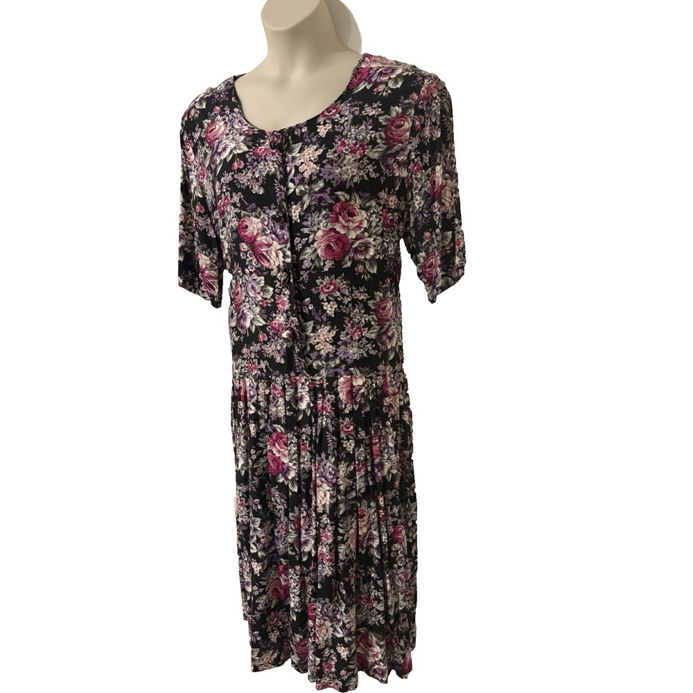 Vtg 90s R&K Originals Midi Dress~16W~ Black Floral Rayon Drop Waist Cottagecore